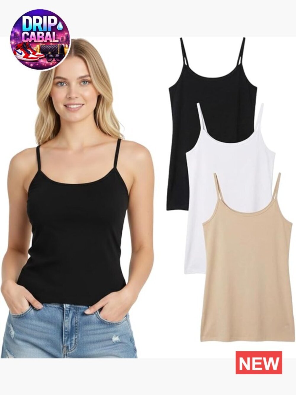 Cotton Camisole Tank Top 3 Pack Spaghetti Strap Scoop Neck